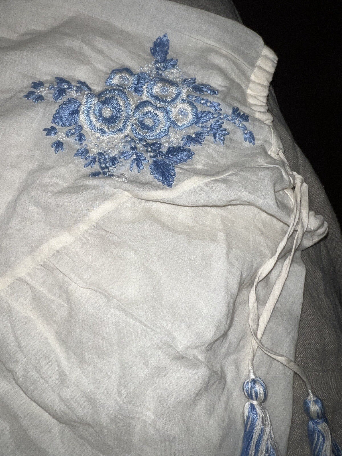 Johnny Was L Large White & Blue Cotton Poncho Peasant Top Tassels Beading Cool Johnny Was