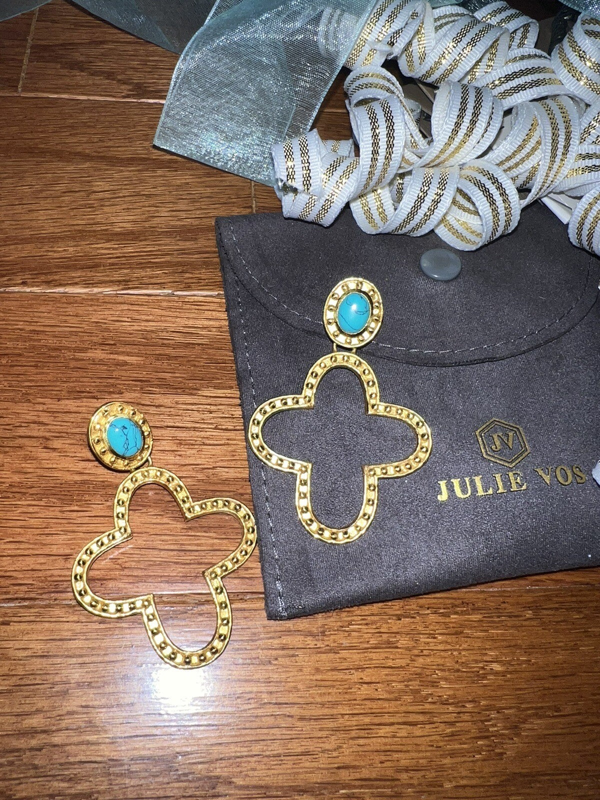Julie Vos 24k Gold Plate & Turquoise Cross Statement Earrings WOW Julie Vos