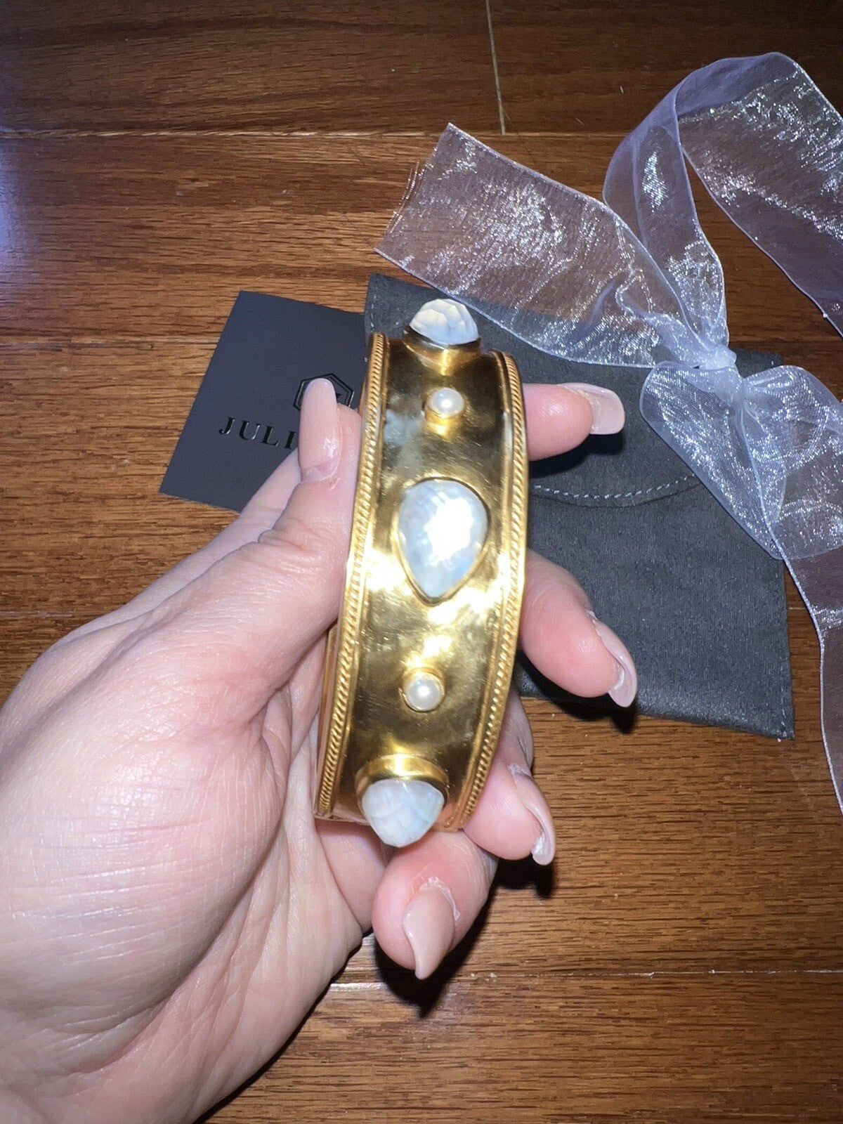 Julie Vos Large Hinged Bangle Cuff Bracelet 24k Gold Plate & Iridescent Julie Vos