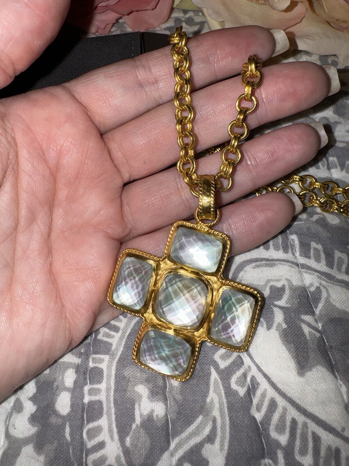 NEW Julie Vos Heavy Link Necklace & Clear Iridescent Crystal Cross Pendant NWOT