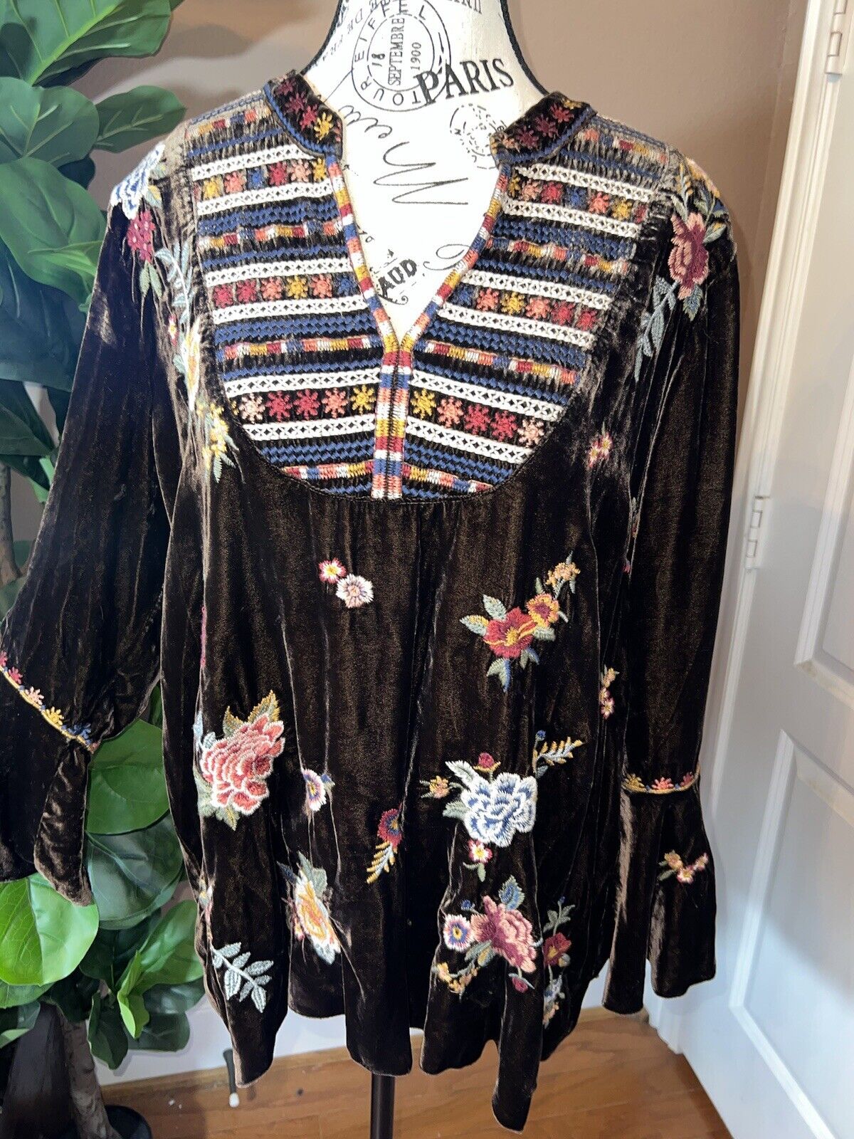 Johnny Was BOHO Brown Velvet Peasant Tunic Top Kimono sleeves L Large