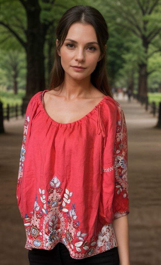 Johnny Was XL Linen Kimono Sleeve Peasant Blouse Top Floral Embroidered Johnny Was