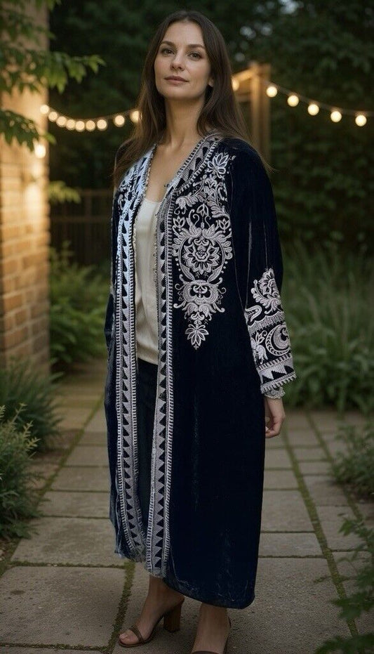 Johnny Was M Long Black Velvet Kimono Wrap Jacket Duster Embroidery Oversize