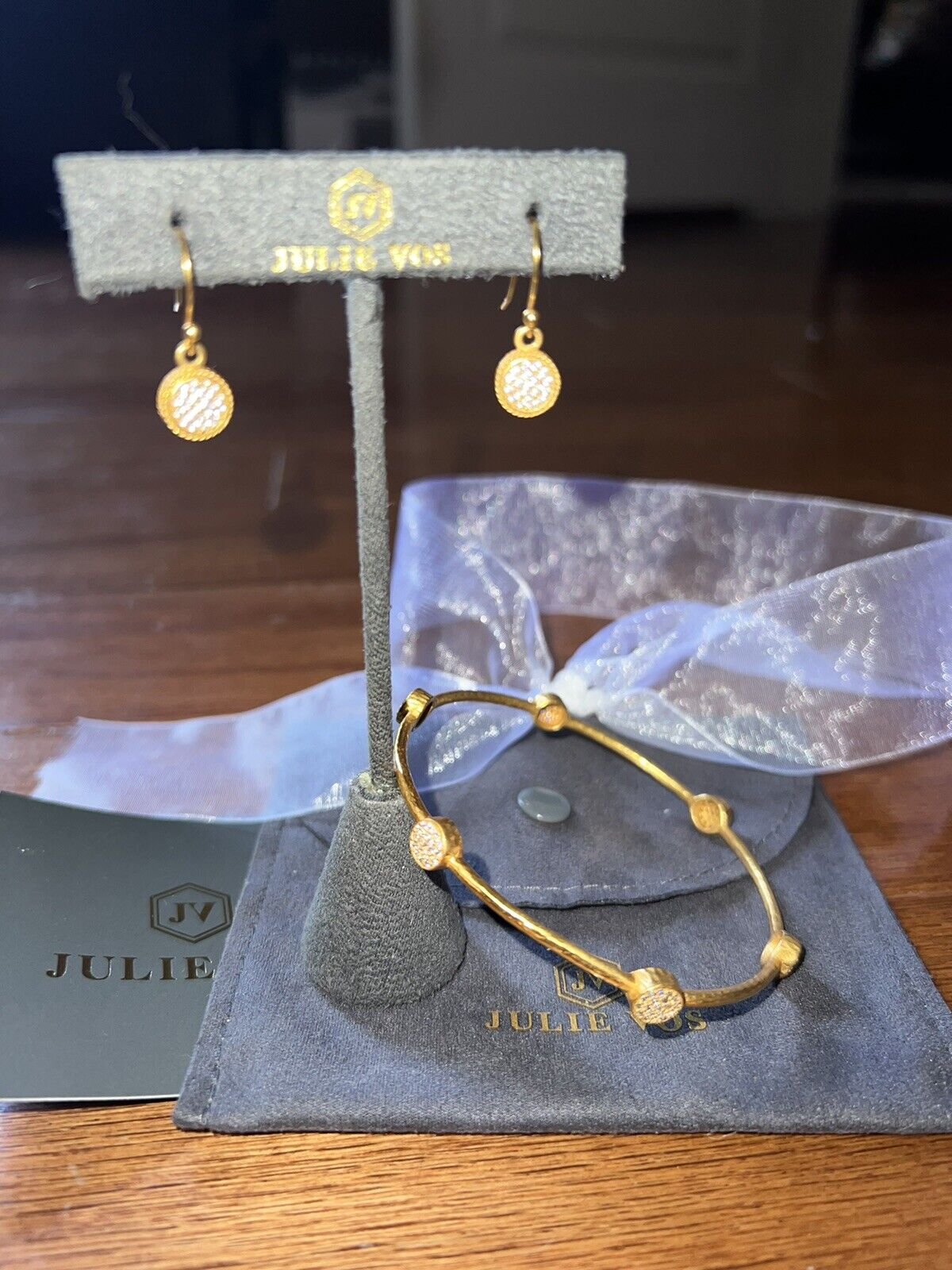 NEW 3pc Julie Vos Pave Earrings & CZ Stations Bracelet Bangle Sz Large NWOT