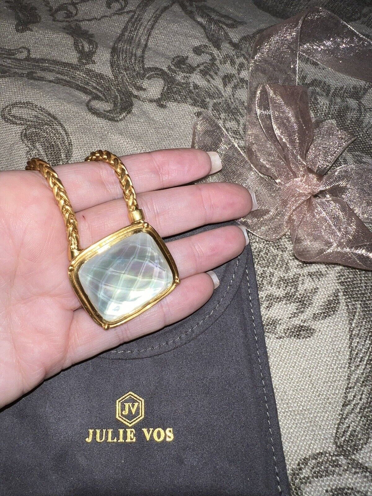 Julie Vos White/Clear Iridescent Pendant & 24k Gold Plated Chain Necklace