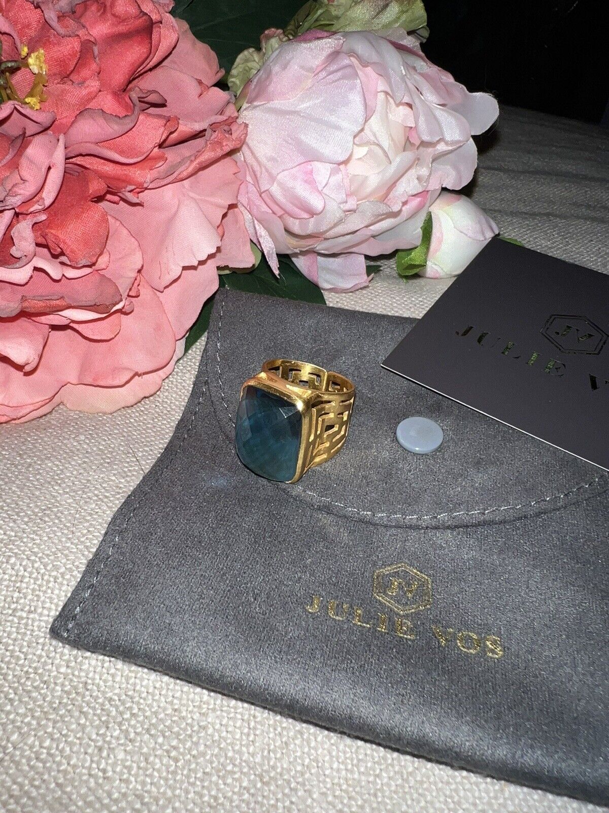 Julie Vos Iridescent Blue Statement Ring Sz 8 ADJUSTABLE 24k Gold Plate