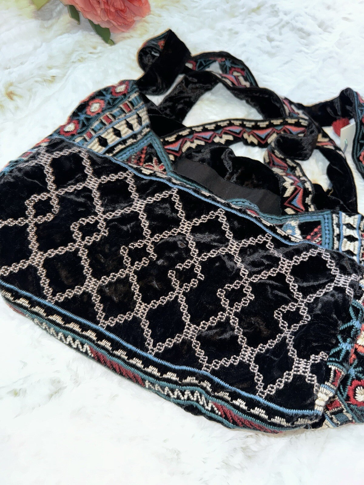 Johnny Was Large Black Velvet Hobo Bag Tote Purse Embroidered Crossbody Johnny Was