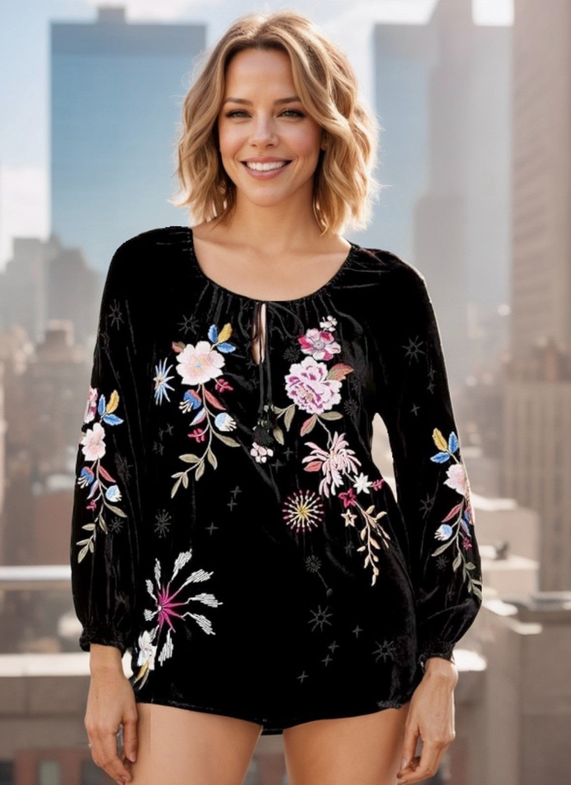 Johnny Was L Black Velvet Peasant Top Tunic Blouse Shirt Embroidered Roses Stars Johnny Was