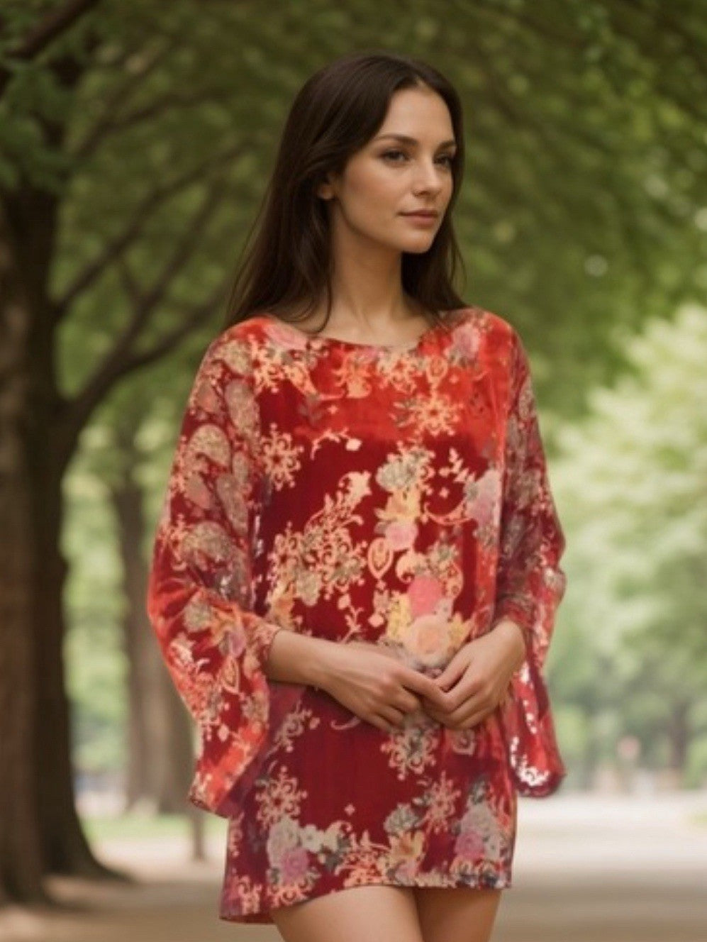 Johnny Was XL Red Burnout Velvet & Silk Tunic Top Peasant Blouse Shirt Johnny Was