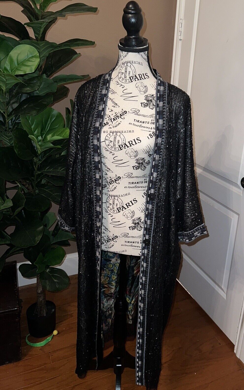 Johnny Was XL Long Silk & Sequin Black KIMONO Duster Wrap REVERSIBLE OVERSIZ