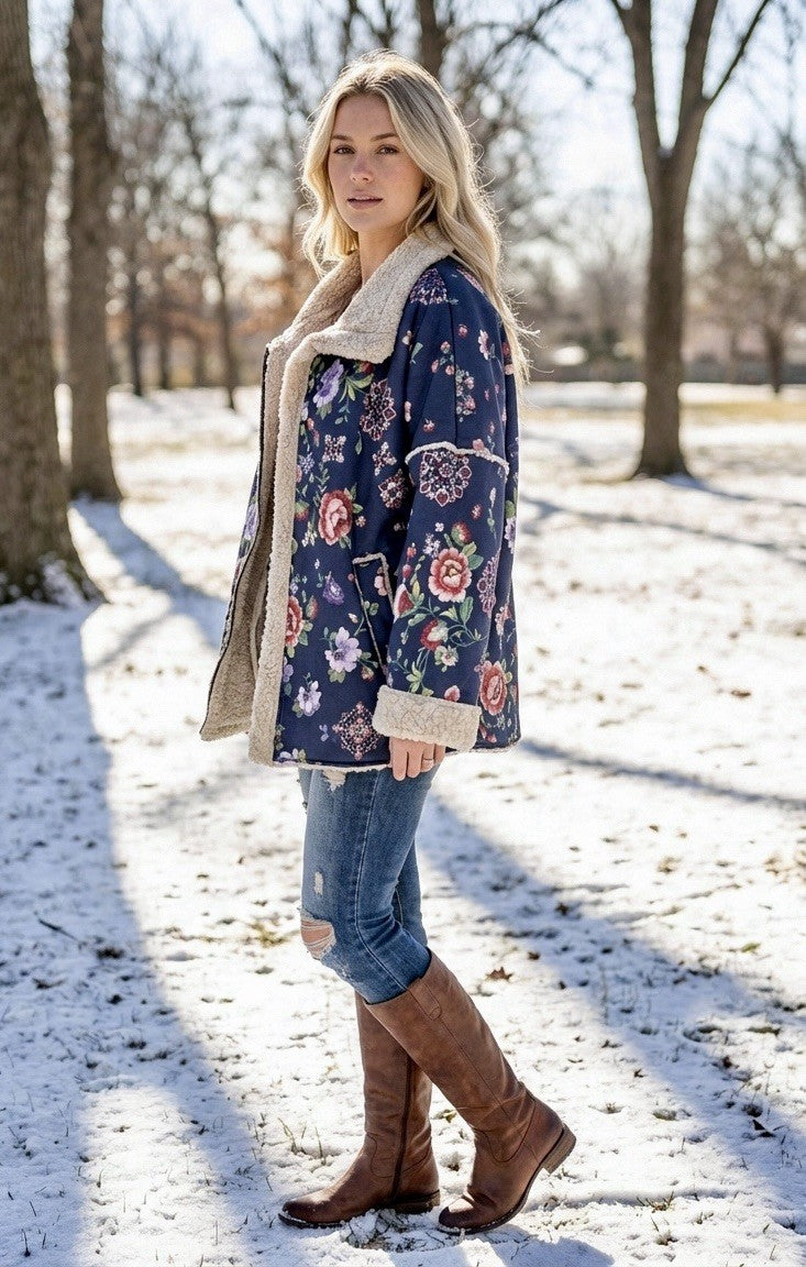 Johnny Was L Navy Blue Coat Jacket Faux Suede & Shearling Oversized Floral Johnny Was Pete & Greta