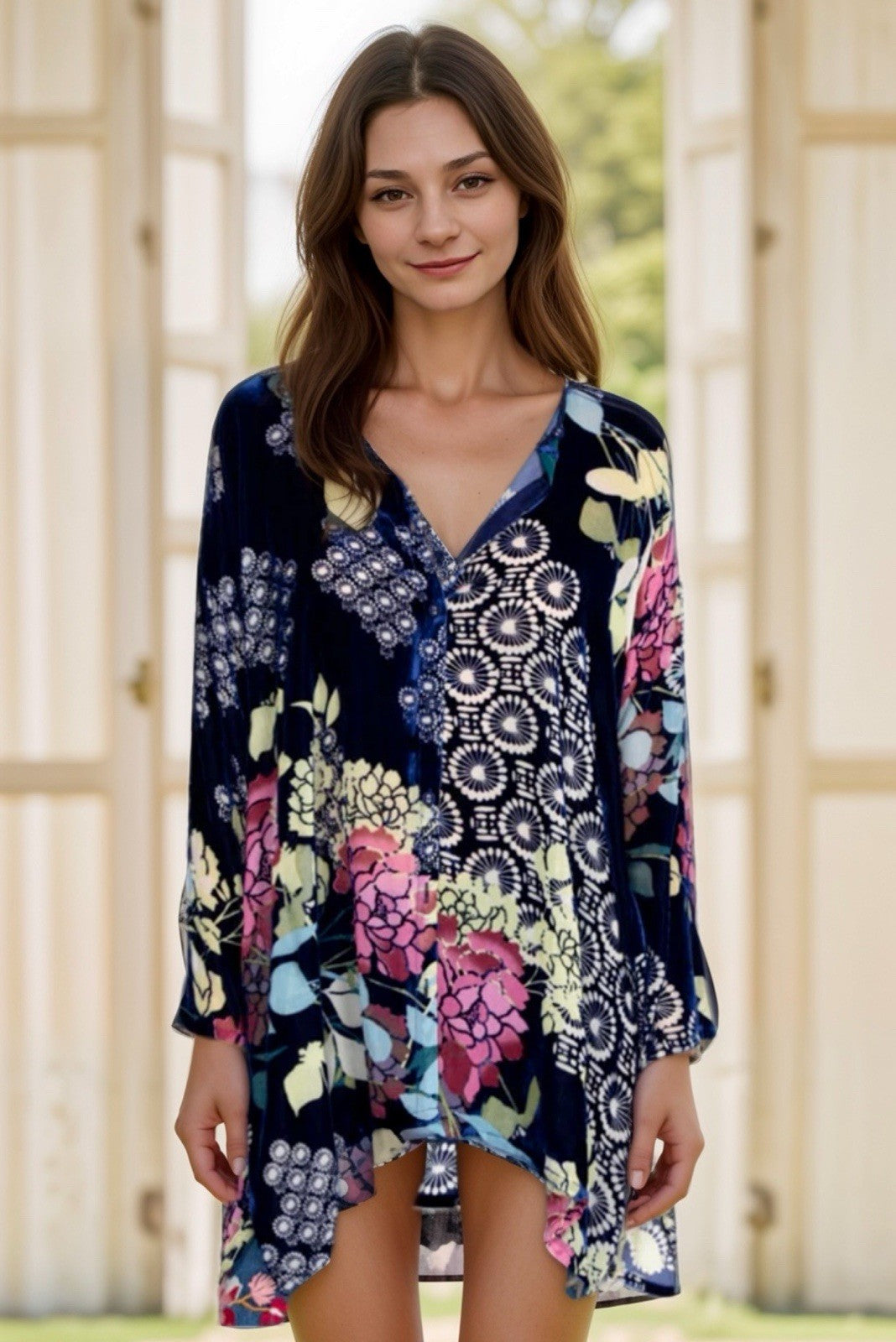 Johnny Was 2X Plus Blue Burnout Velvet Button Up Blouse Shirt Tunic Top Johnny Was