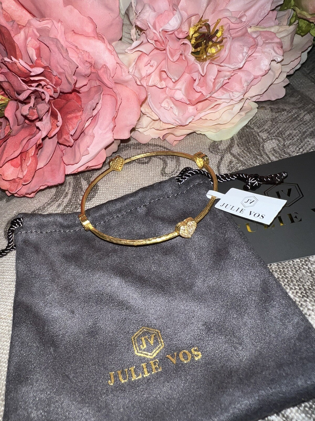 Julie Vos Clear CZ Four Station Pave Heart Bangle Bracelet 24k Plated Julie Vos