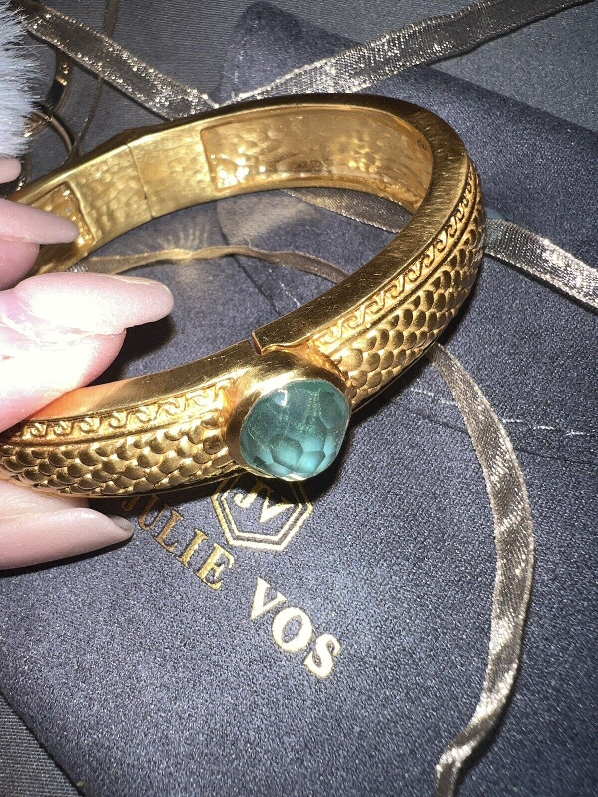 Julie Vos Hinged Bangle with Bahamian Blue Stone & 24k Plated  RETIRED