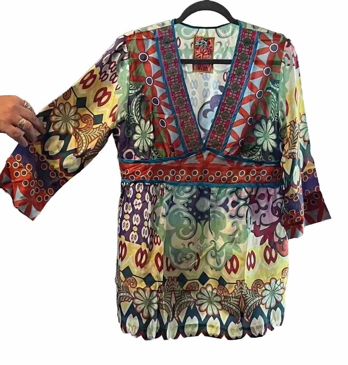 Johnny Was Tunic 100% Silk Gorgeous Colors  Sz M