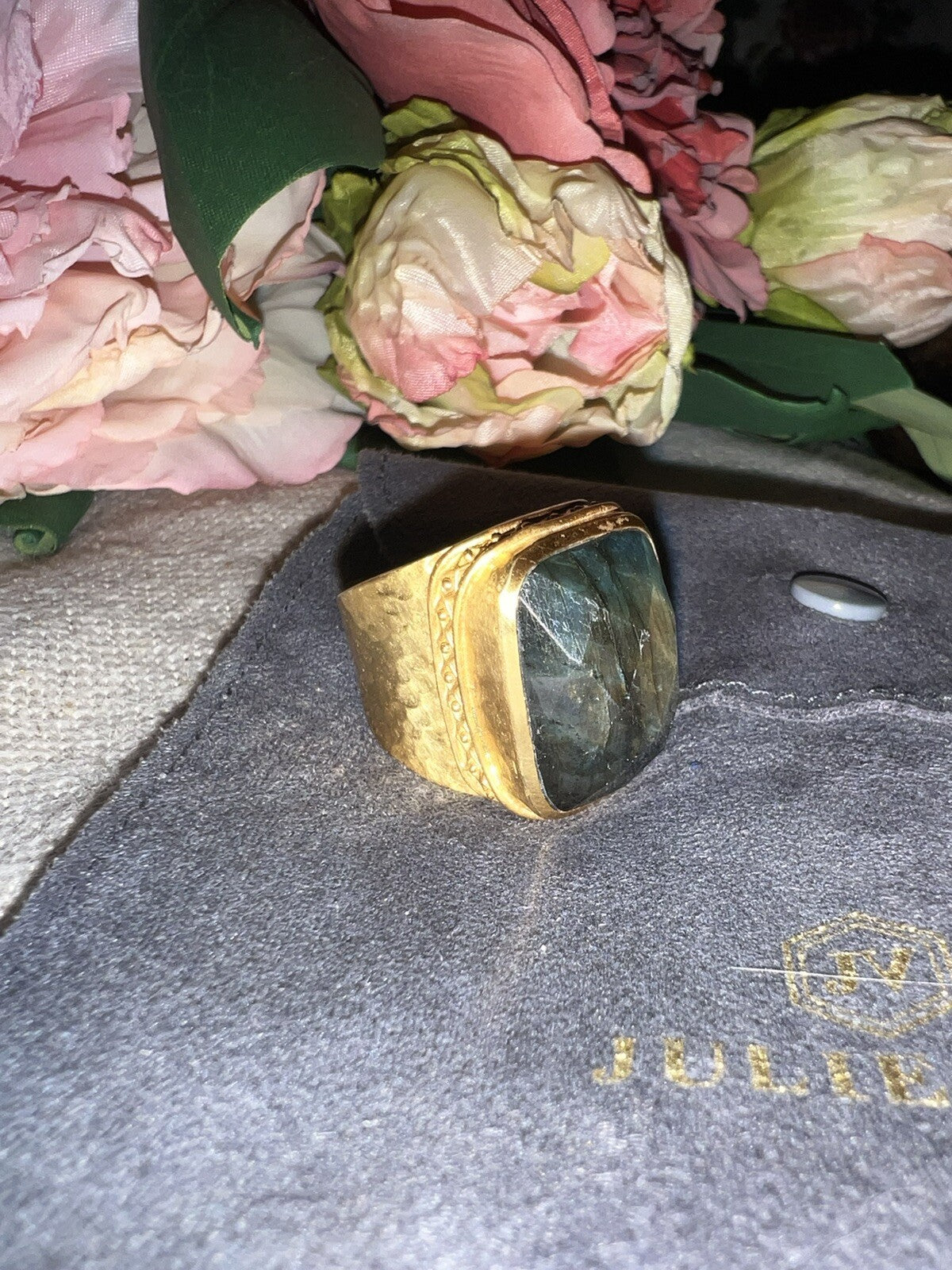 Julie Vos Sz 9 Cuff Ring ADJUSTABLE Real Labradorite & 24k Gold Plated Julie Vos