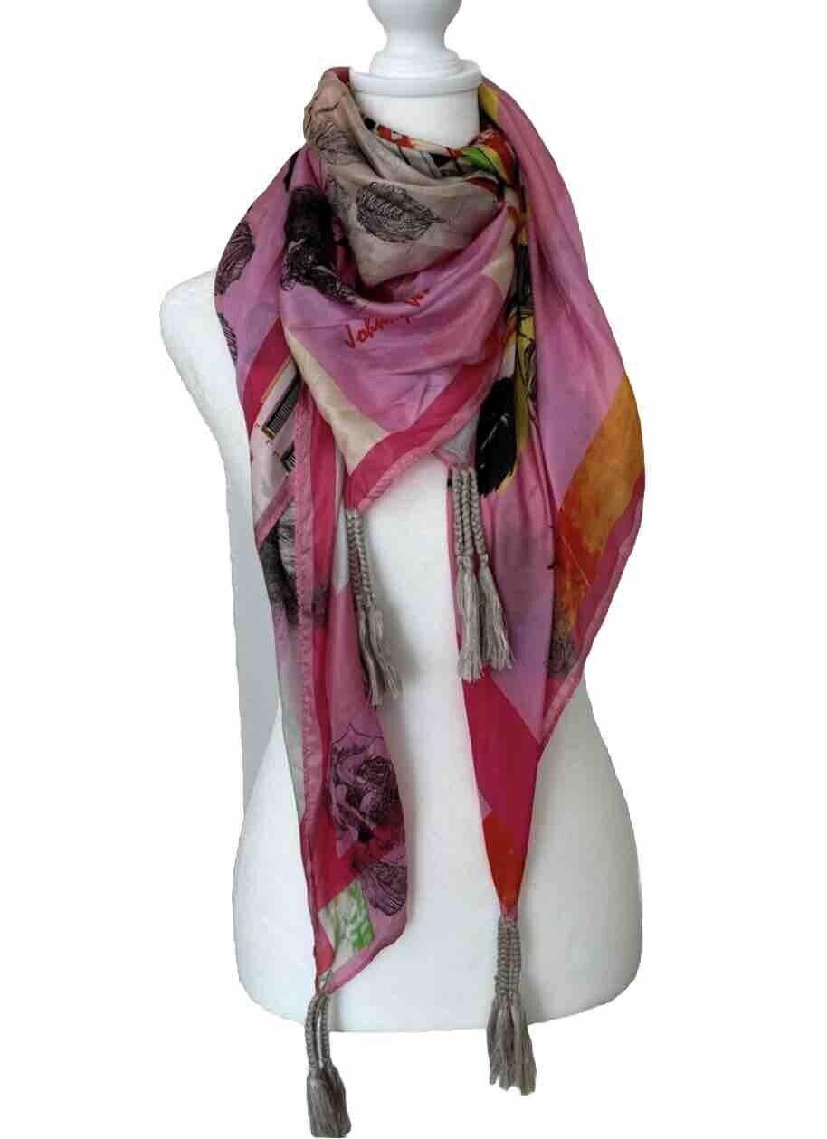 Johnny Was 100% Silk Scarf w/ Tassels Beautiful Pink City Scene 43” X 43”