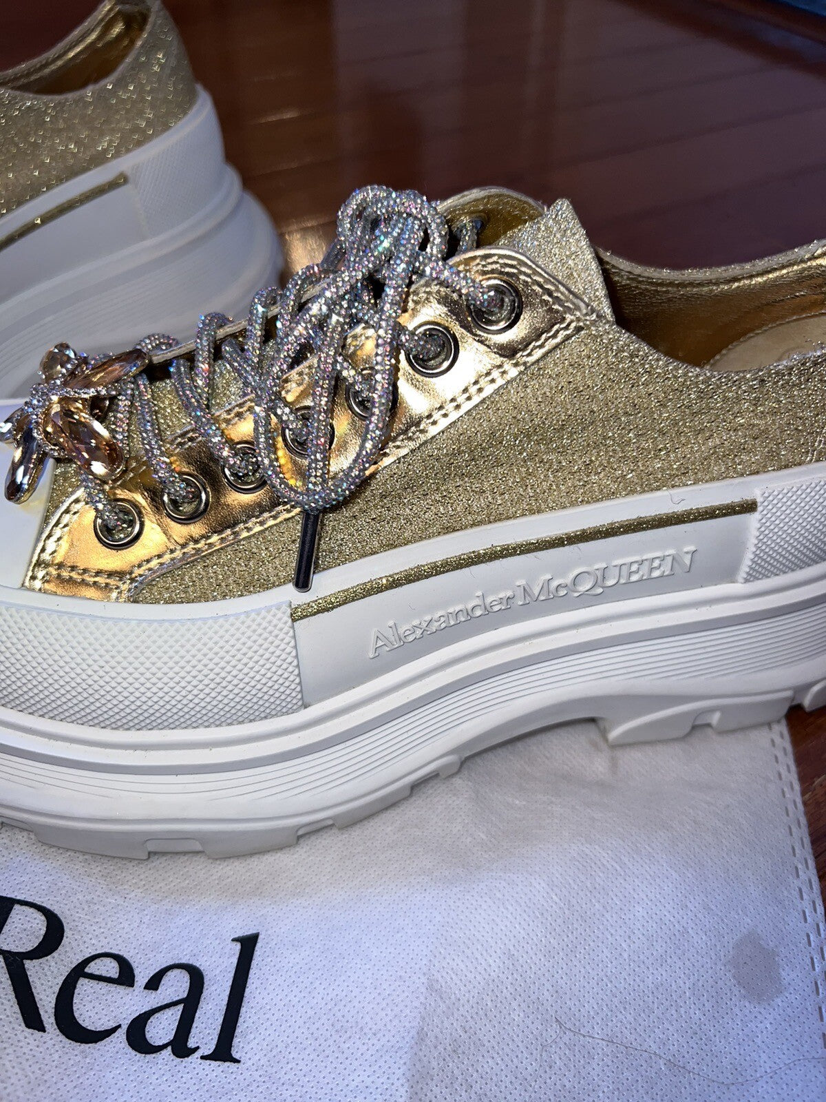 Alexander McQueen Tread Slick Gold Glitter Sneakers Retail $1180 Sz 42 US 10 Alexander McQueen