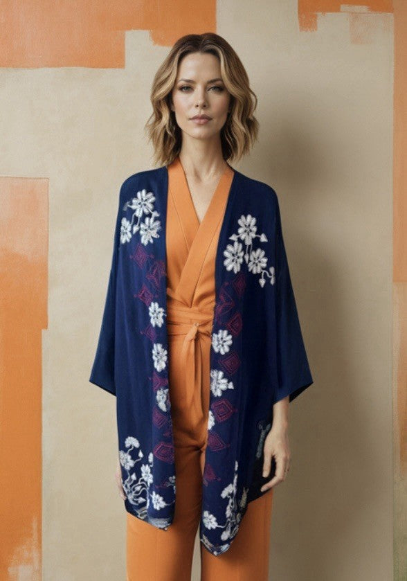 Johnny Was Navy Blue & Red French Terry 3X Kimono Wrap Poncho Coat Jacket Johnny Was