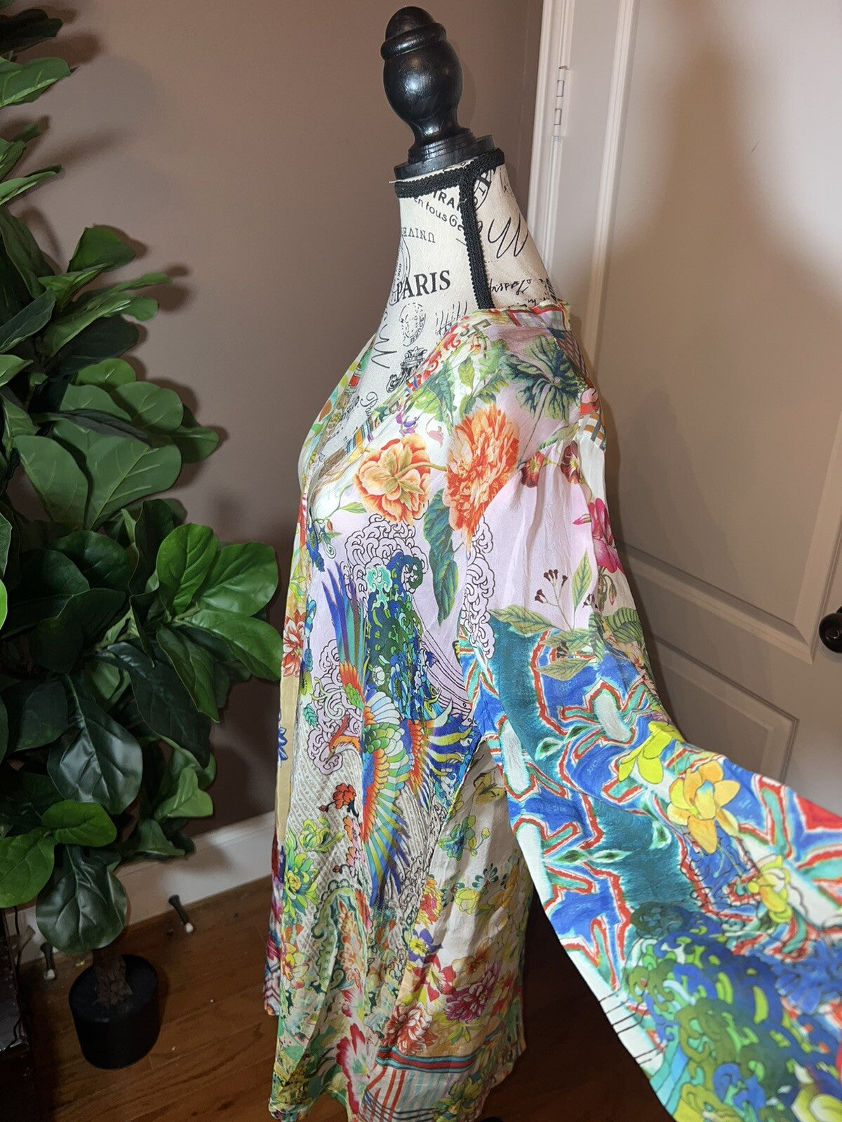 Johnny Was L Floral & Phoenix Long Tunic Top Mini Dress Lightweight Cool Boho Johnny Was