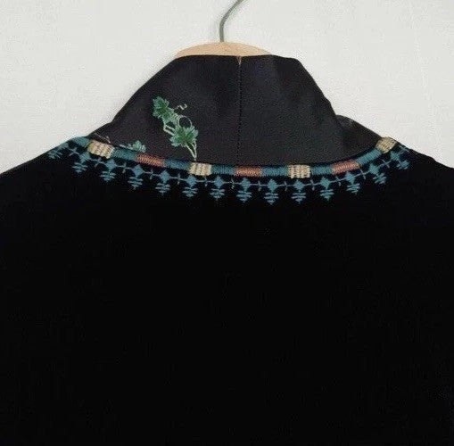 Johnny Was XL Black Velvet & Silk Kimono Embroidered Floral BOHO Wrap Duster Johnny Was