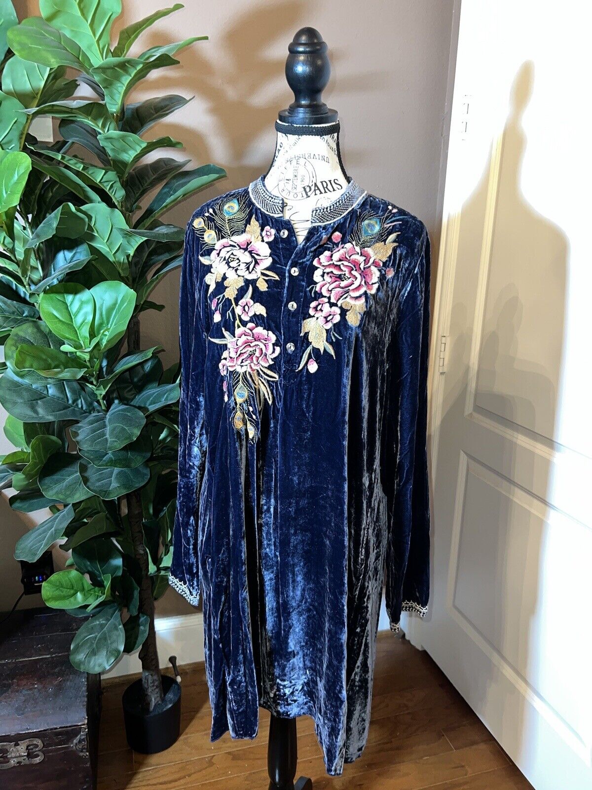 Johnny Was XL 1X Blue Velvet Kimono Mini Dress Peacock Feather Embroidery