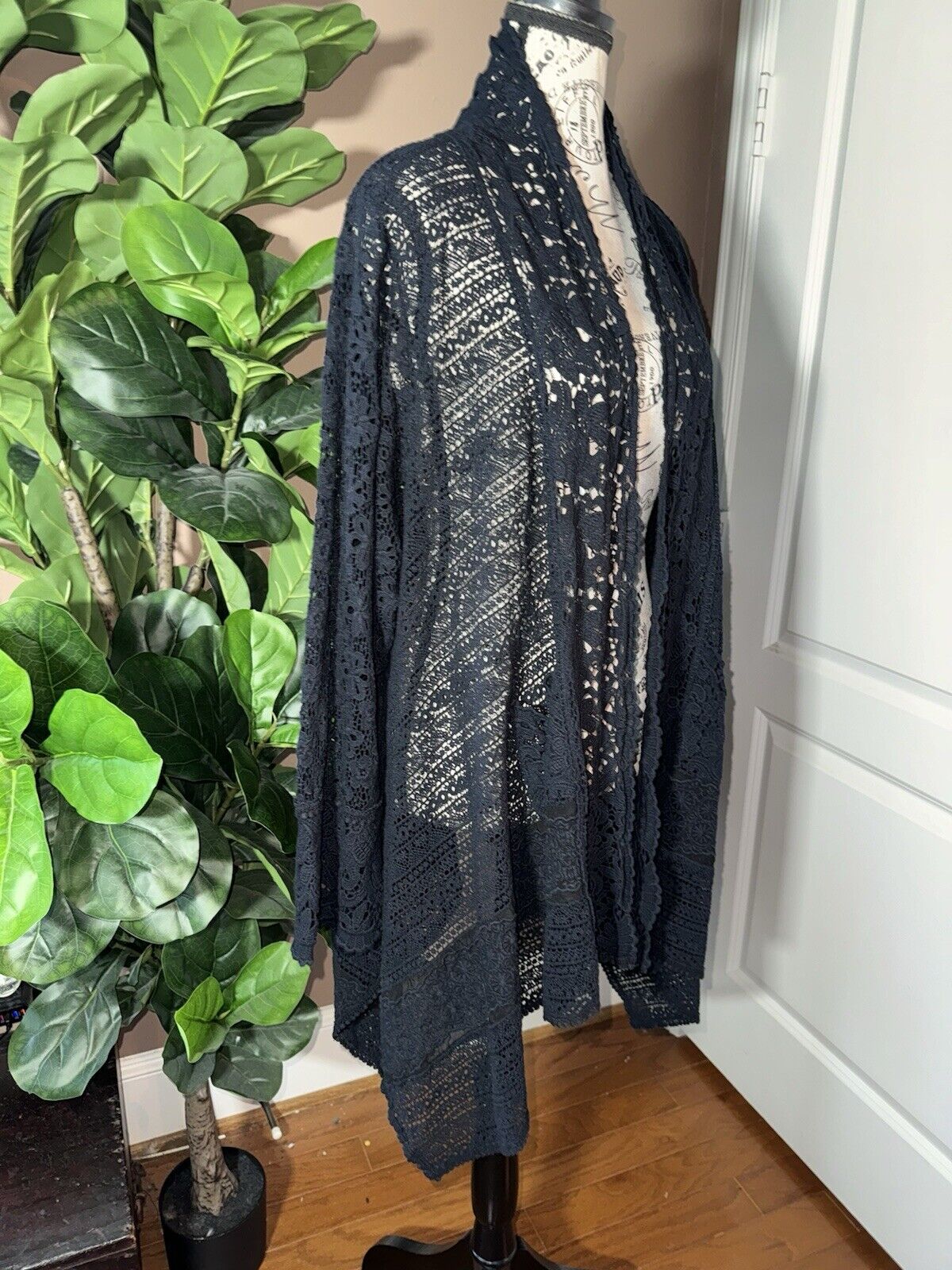 Johnny Was Sz 3X 3XL Black Crochet Long Sleeve Kimono Top Wrap Cardigan Jacket