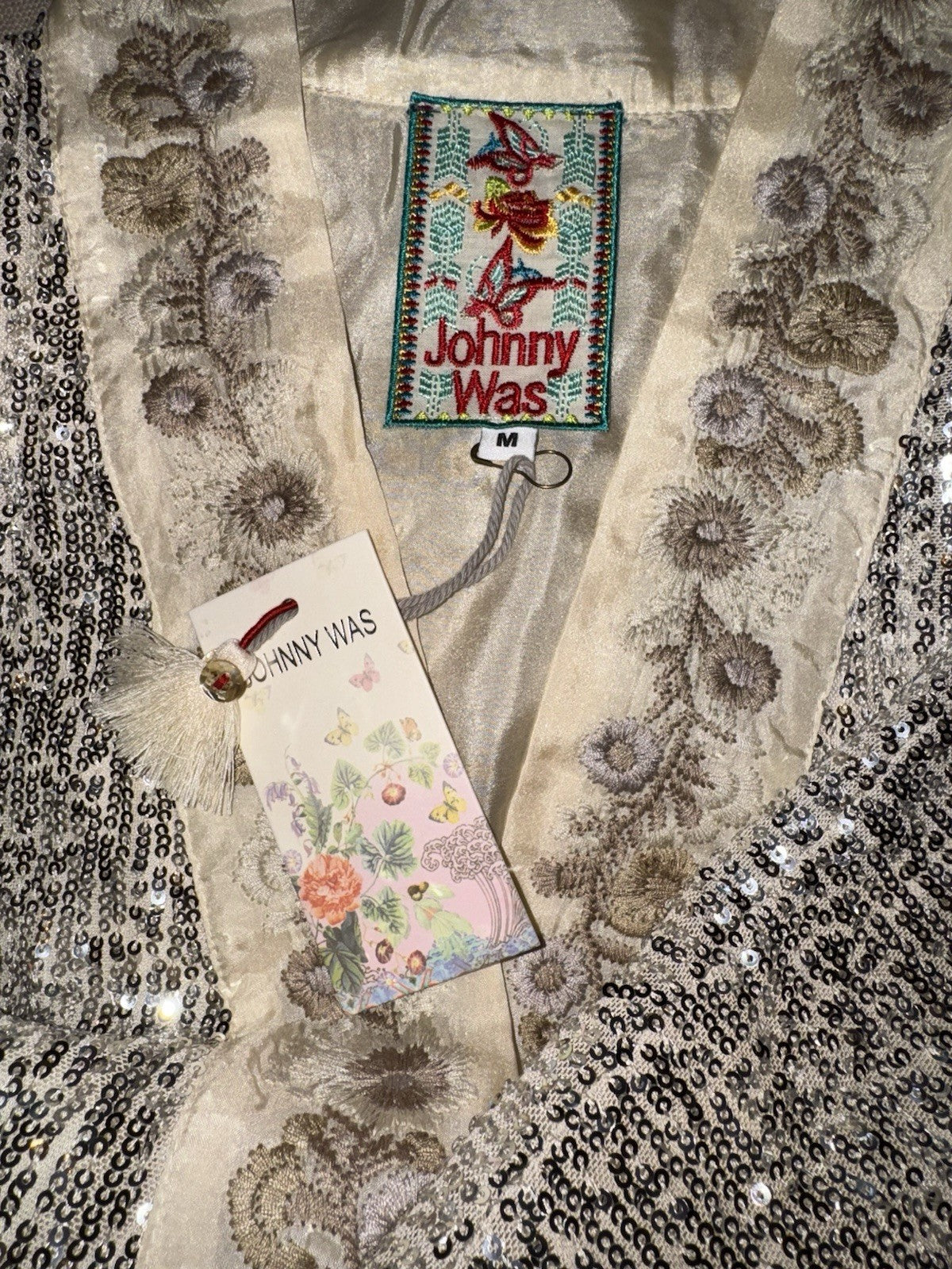 Johnny Was M Silk & Sequins Ivory KIMONO Long Duster Wrap PTP-28” OVERSIZED Johnny Was