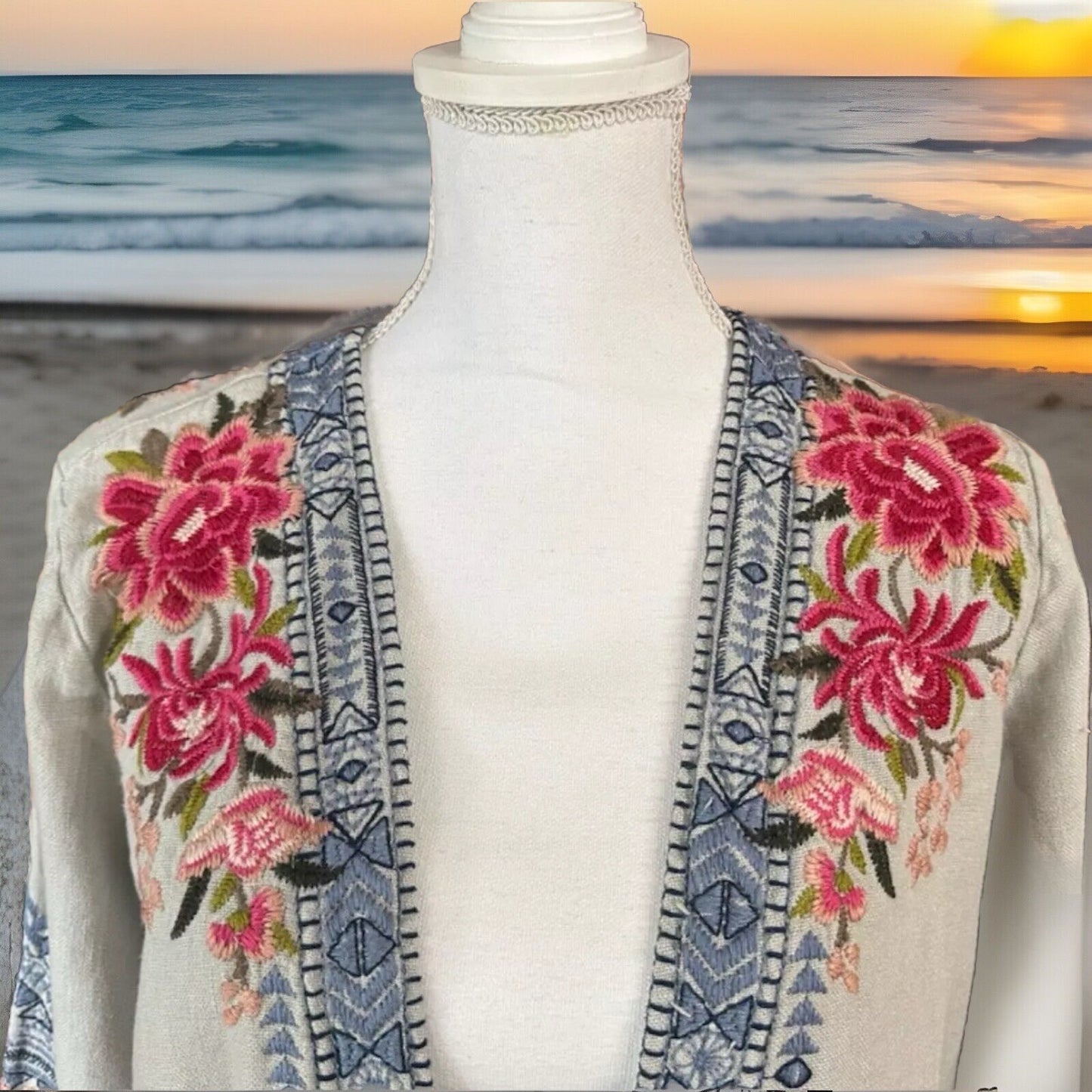 Johnny Was Grey XL Long Kimono Duster Coat Embroidery Linen MISSING BELT Johnny Was