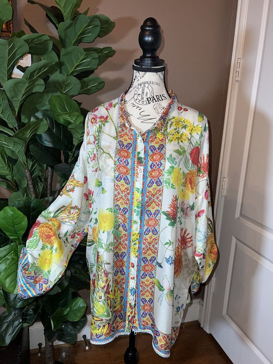 GORGEOUS 100% Silk Johnny Was Tunic Top XL 1X 1XL Marigolds Mums Kimono Colorful