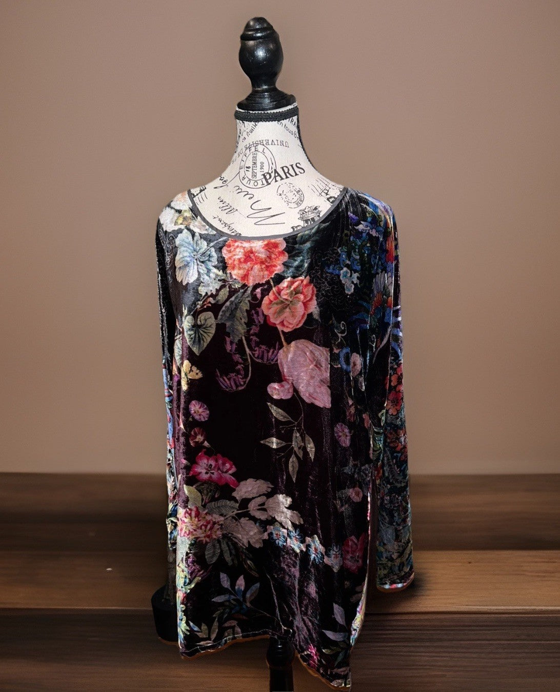 Johnny Was XL Floral Velvet Tunic Top Mini Dress Long Sleeve Lightweight Cool Johnny Was
