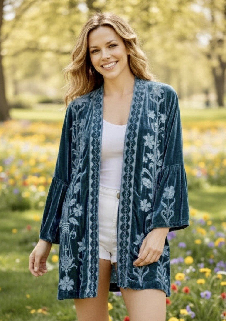 Johnny Was L Teal Green Velvet Kimono Duster Wrap Jacket Coat LUXE Embroidery Johnny Was