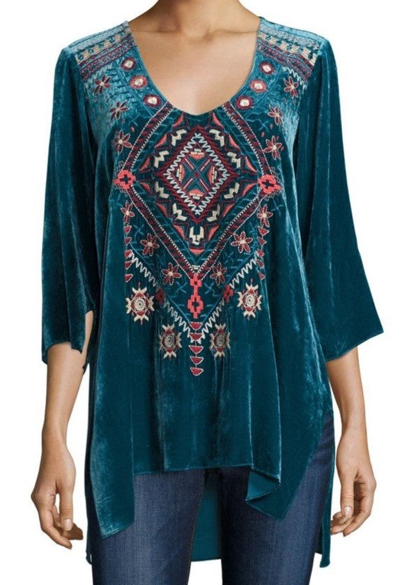 Johnny Was 1X Plus Turquoise Blue Velvet Tunic Top Long Sleeve Blouse Shirt Johnny Was