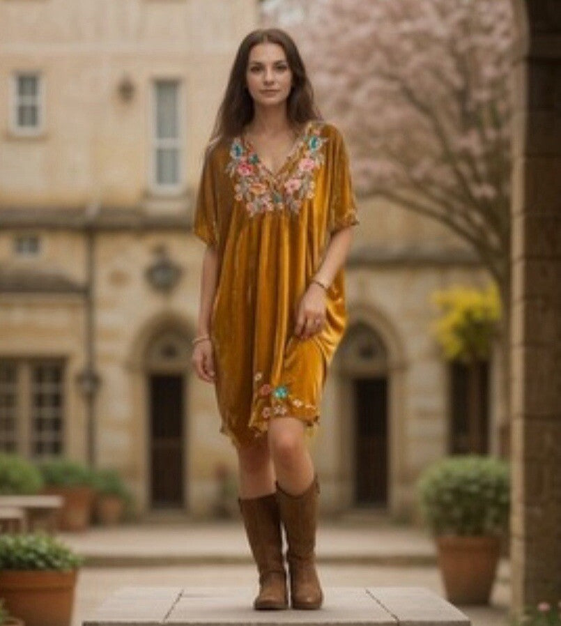 Johnny Was L Golden Velvet Embroidered Mini Dress Tunic Shift Top Babydoll LUXE Johnny Was