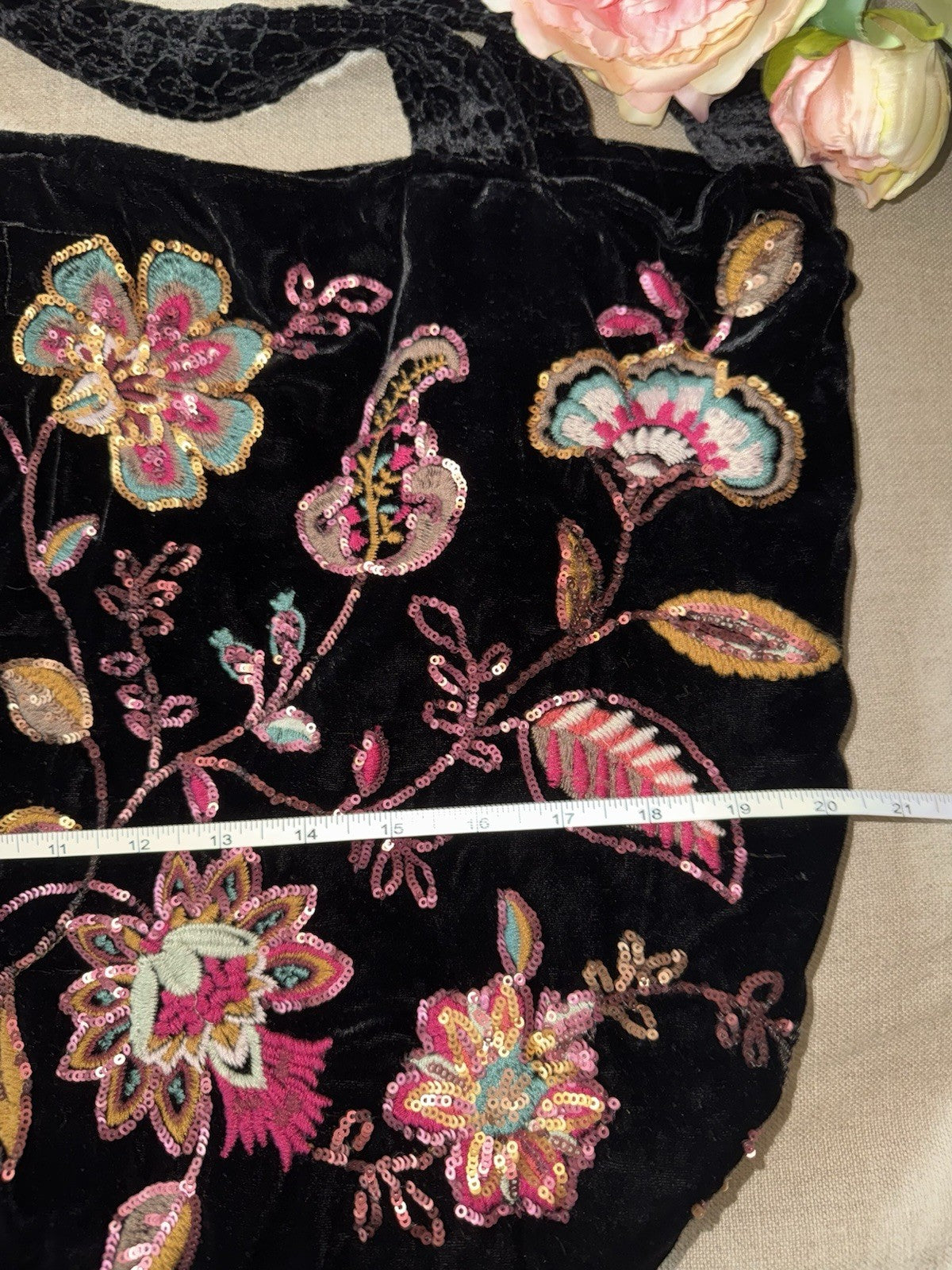 Johnny Was Large Black Velvet & Sequin Hobo Bag Tote Purse Embroidered Crossbody Johnny Was