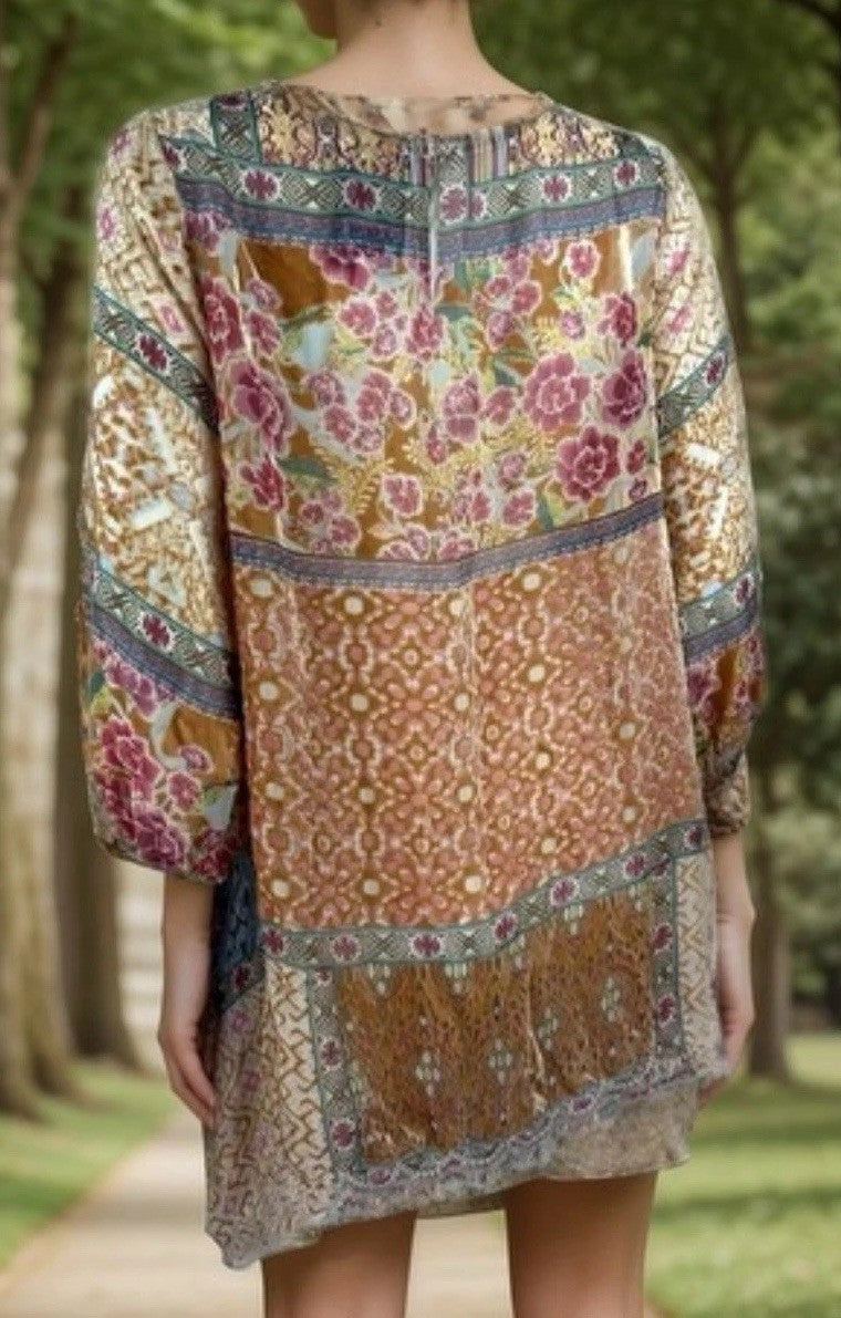 Johnny Was Burnout Silk & Velvet Patchwork Pattern Tunic Top Sz M Medium Johnny Was