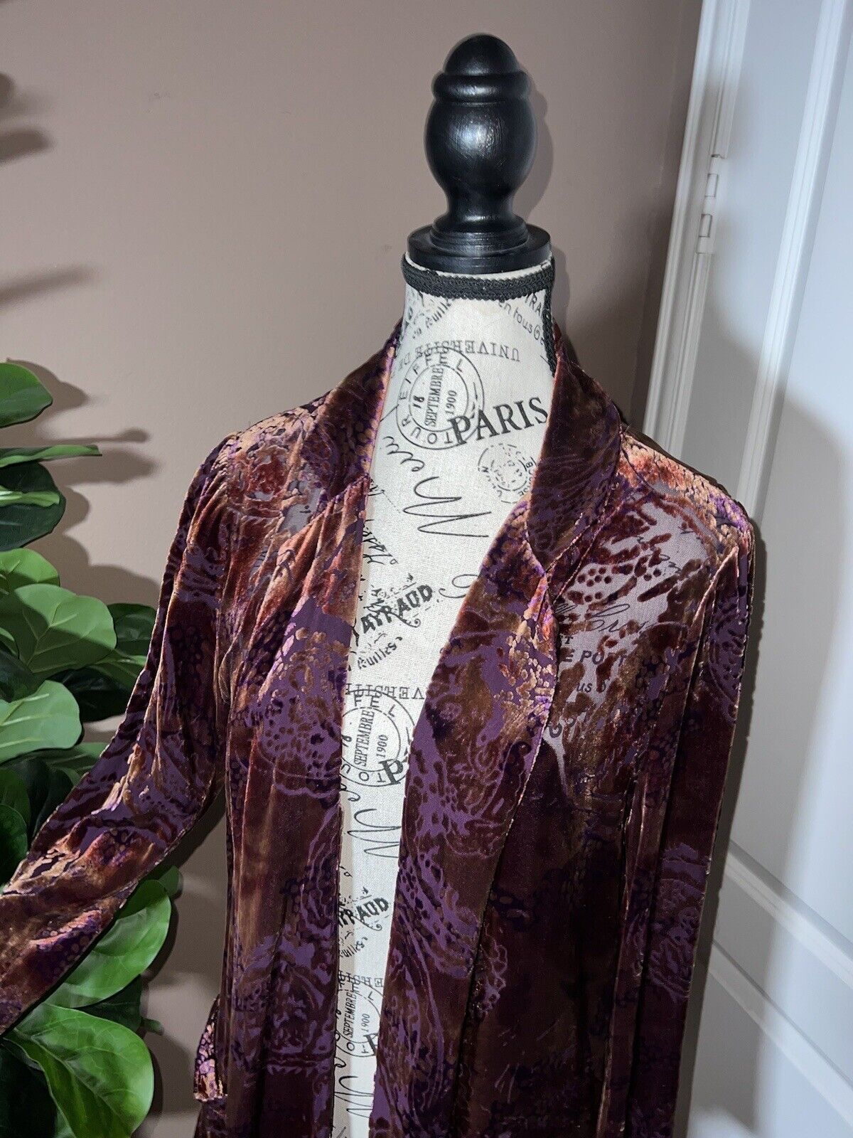 Johnny Was Large Burnout Velvet Long Kimono Duster Wrap Burgundy Wine Jacket