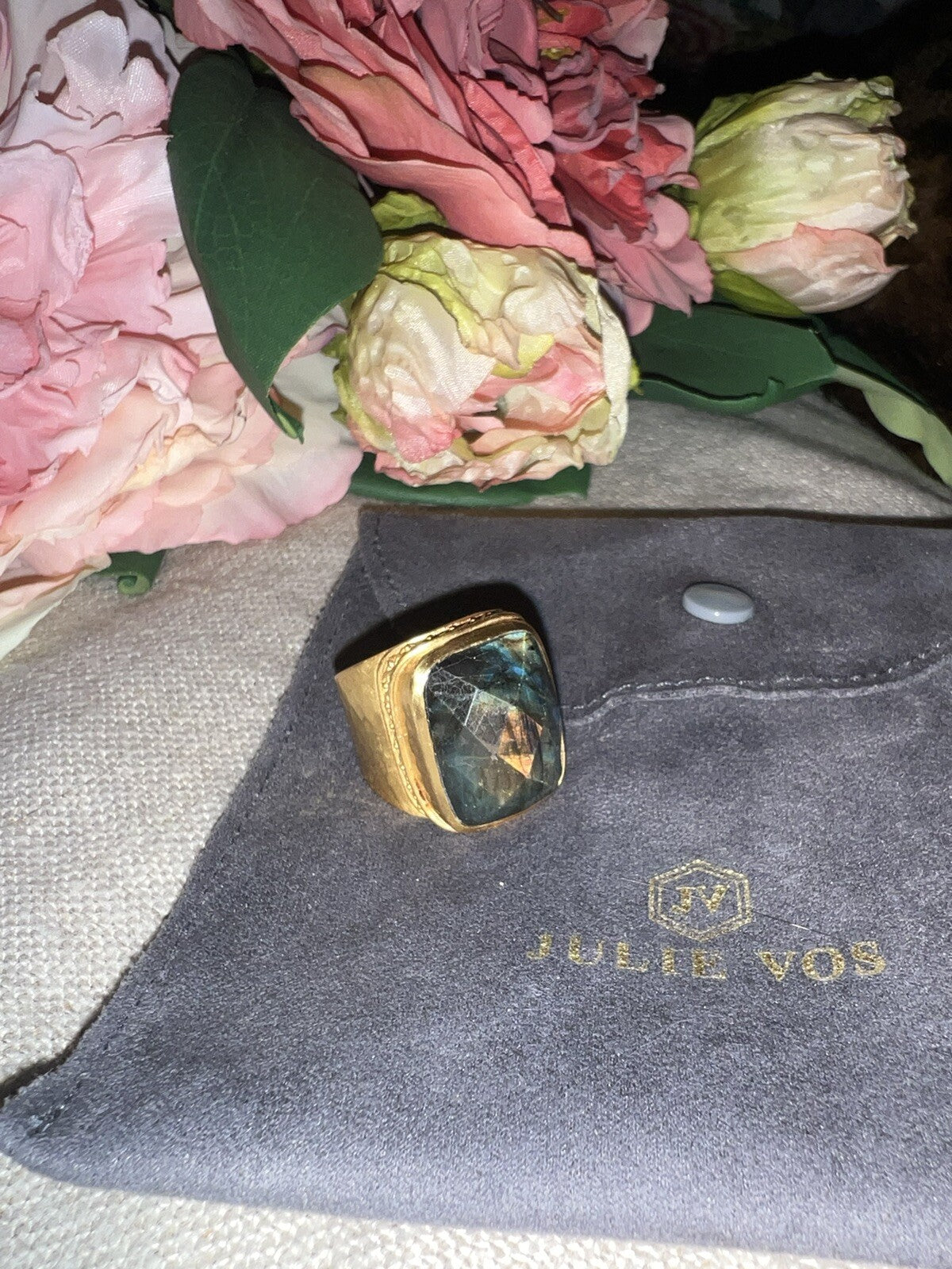 Julie Vos Sz 9 Cuff Ring ADJUSTABLE Real Labradorite & 24k Gold Plated Julie Vos