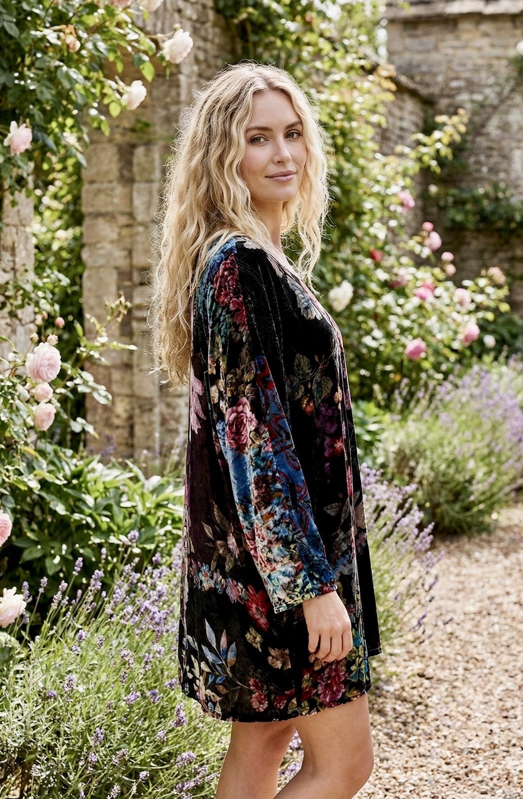 Johnny Was XL Floral Velvet Tunic Top Mini Dress Long Sleeve Lightweight Cool Johnny Was