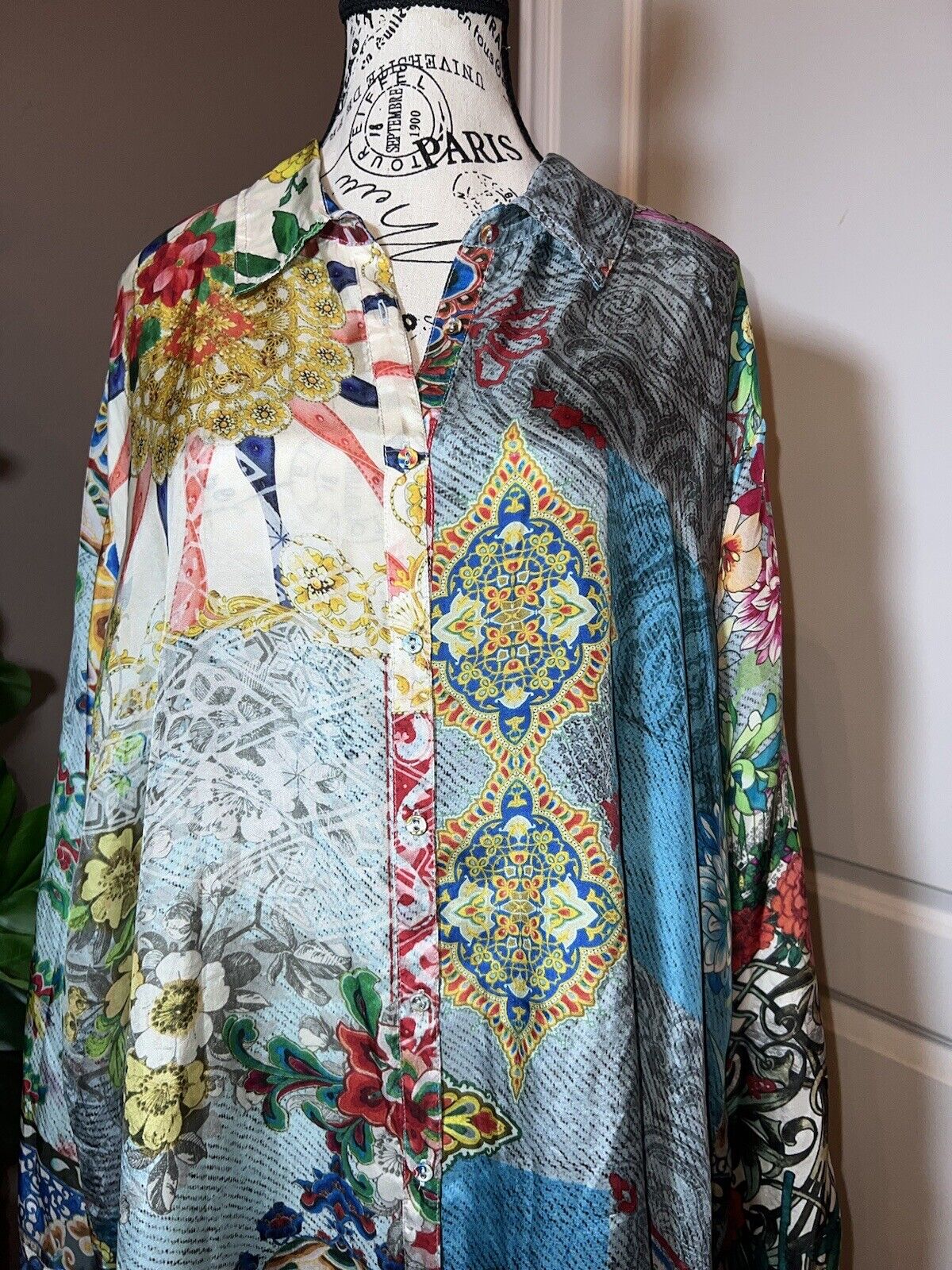 Johnny Was 100% Silk Long Sleeve Tunic Top Button Up Blouse Kimono Sz 1X 1XL XL