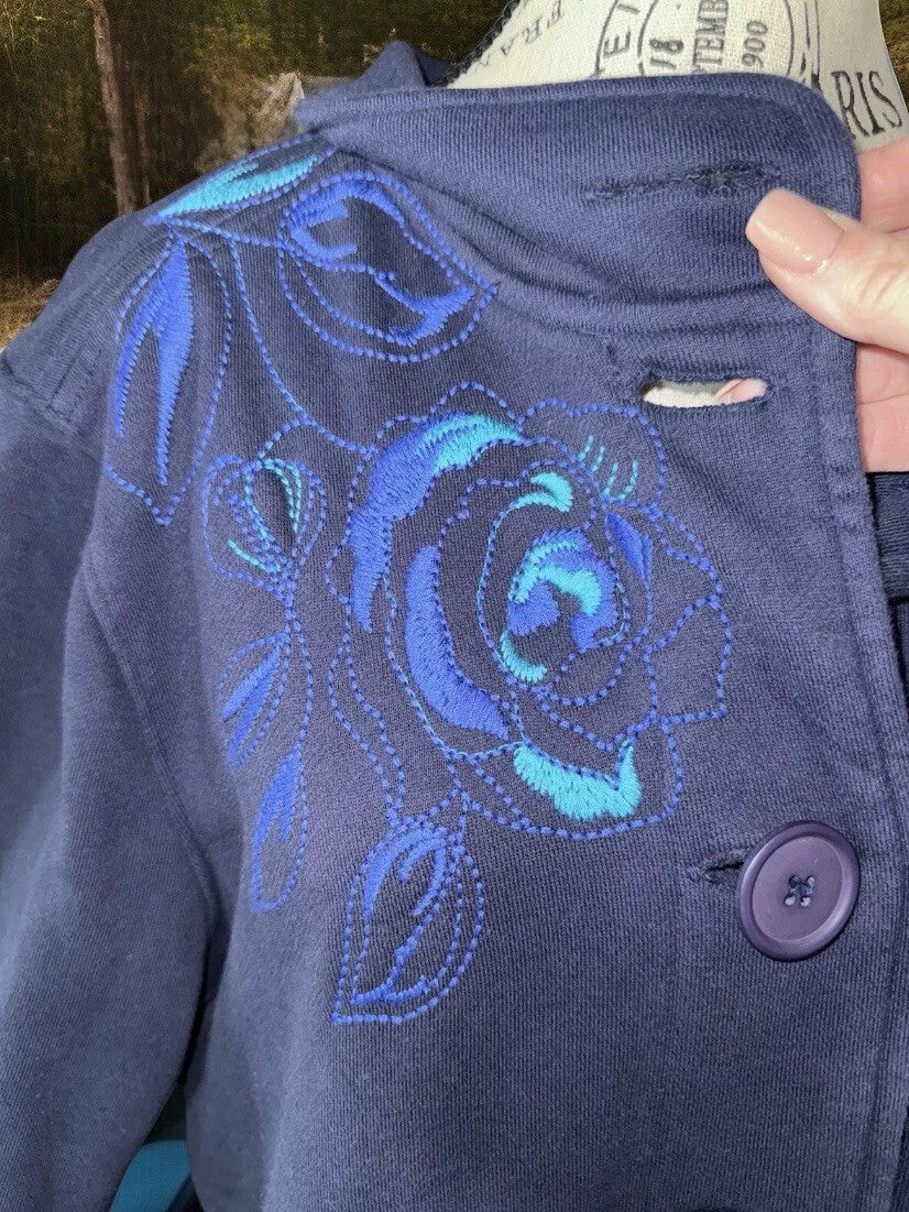 Johnny Was XL Blue Military Trench Coat Jacket Navy W/ Embroidery  Soft Johnny Was