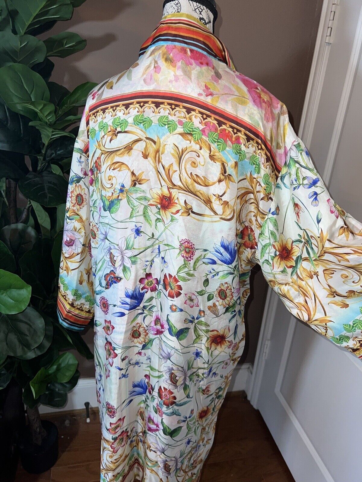 Johnny Was 100% Silk Long Kimono Wrap PL Petite Large REVERSIBLE Duster