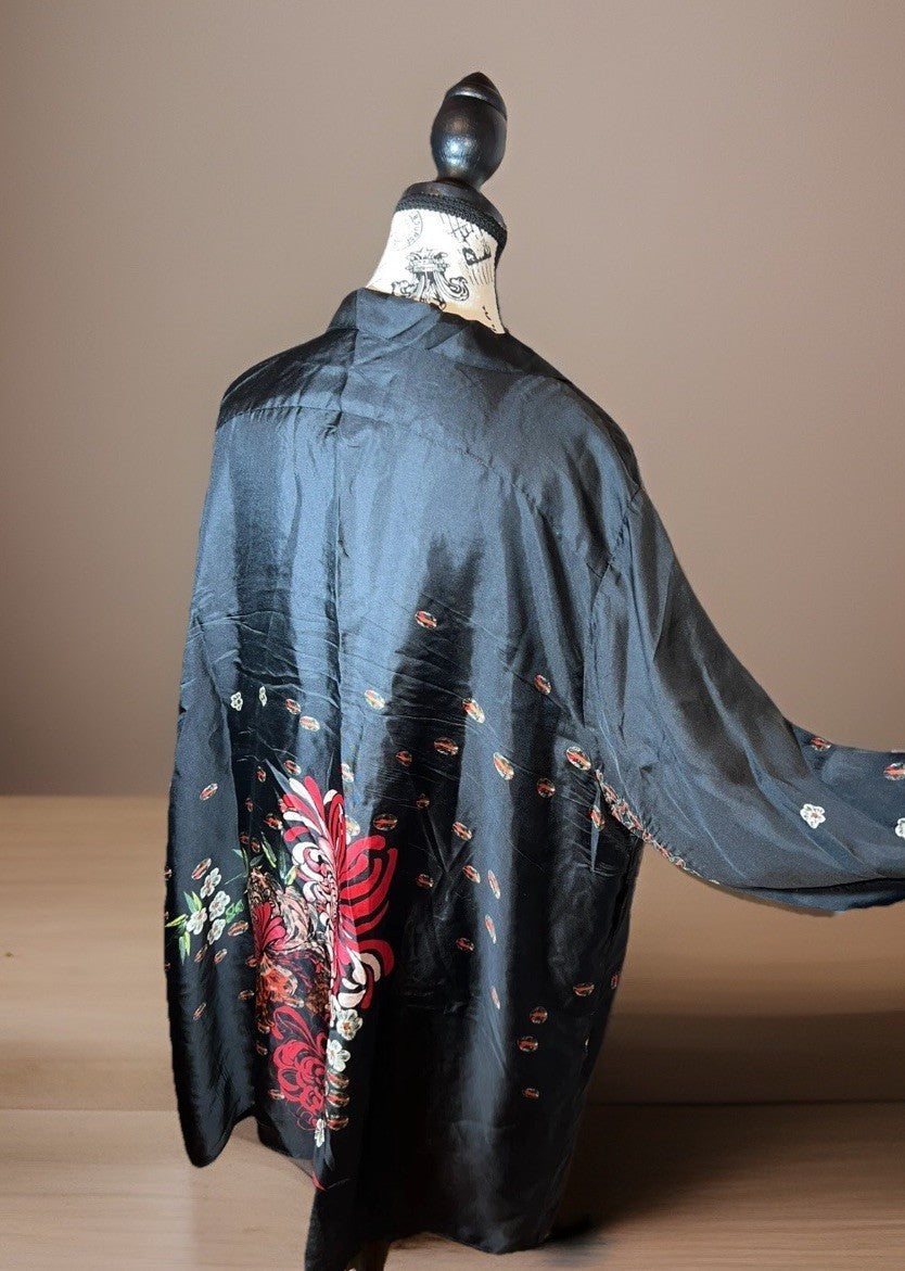 Johnny Was XL 100% Silk Black & Red Floral Blouse Button Up Tunic Top Mini Dress Johnny Was