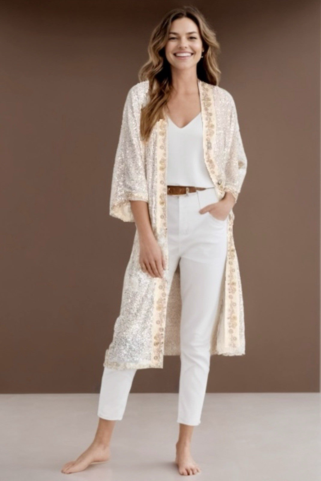 Johnny Was M Silk & Sequins Ivory KIMONO Long Duster Wrap PTP-28” OVERSIZED Johnny Was