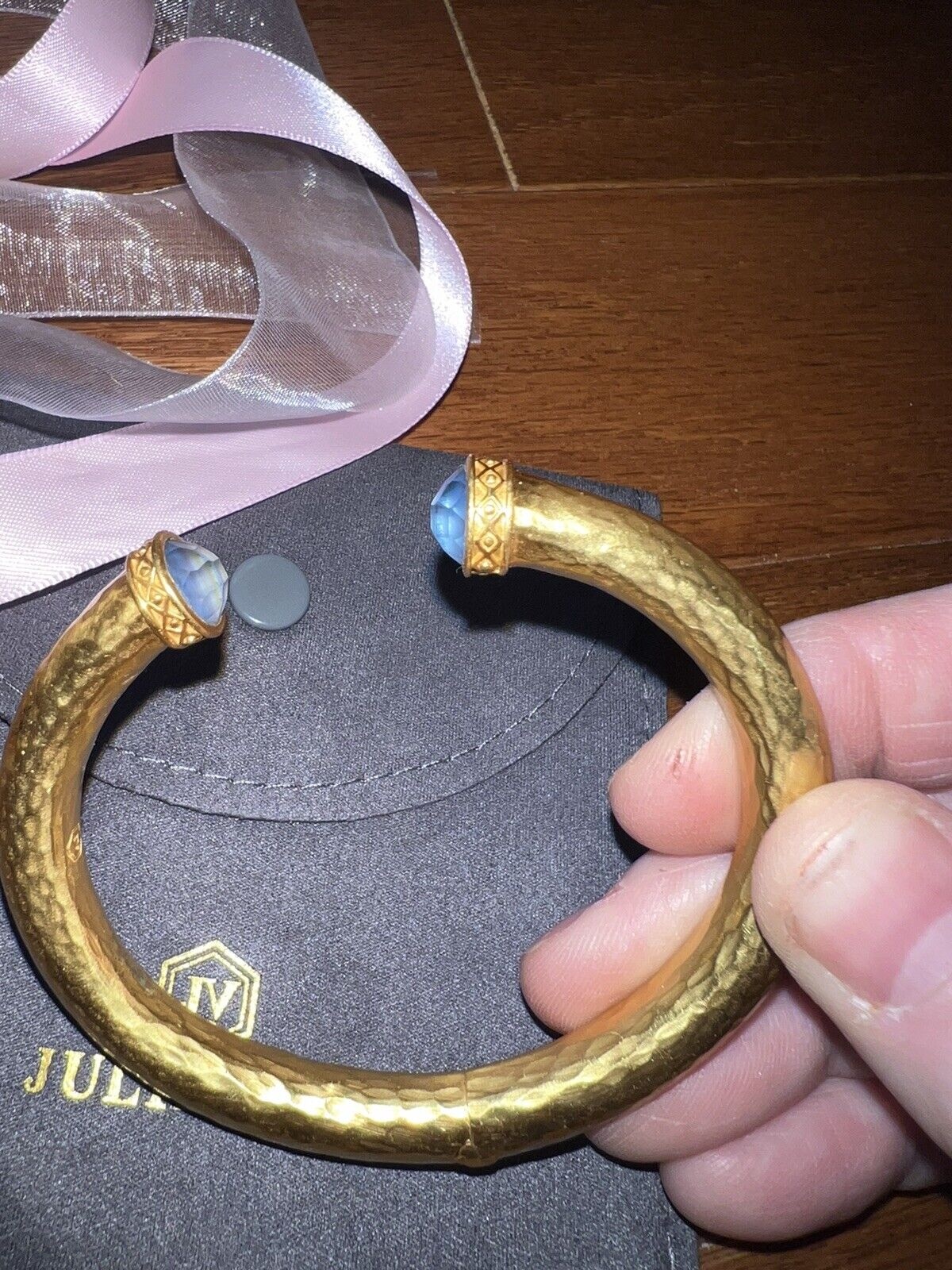 Julie Vos Hinged Bangle Bracelet Blue Iridescent Glass 24k Gold Plated