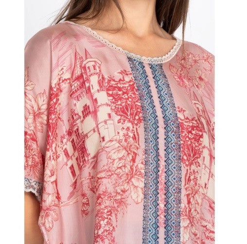 Johnny Was XL Pink & White 100% Silk Blouse Top Tunic Shirt Toile Lace Johnny Was