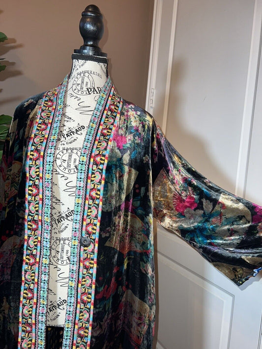 Johnny Was Velvet & Silk Kimono Wrap Sz L Large REVERSIBLE Jewel Tones Asian Fan