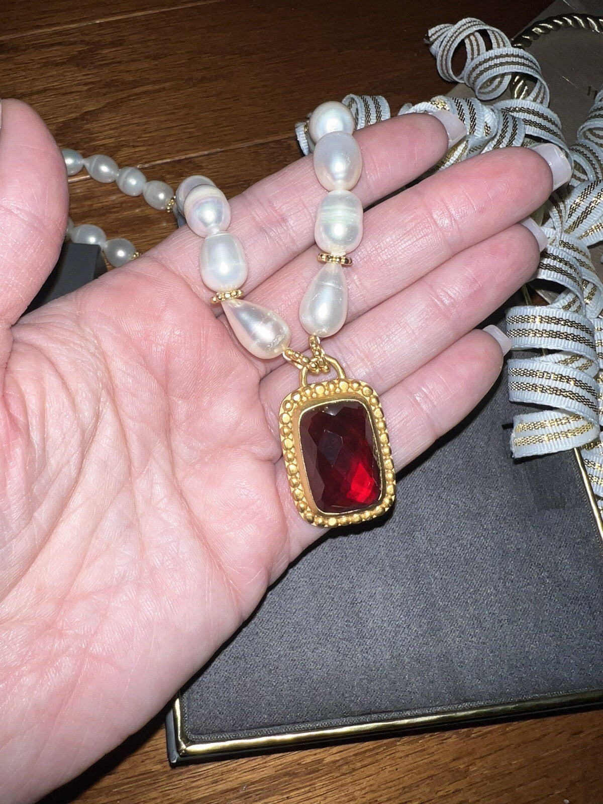 Julie Vos Freshwater Pearl & Ruby Red 24k Gold Plate Statement Necklace WOW! Julie Vos