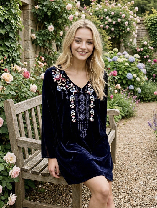 Johnny Was PL Petite Large Black Velvet Embroidered Tunic Top Long Sleeve Blouse Johnny Was