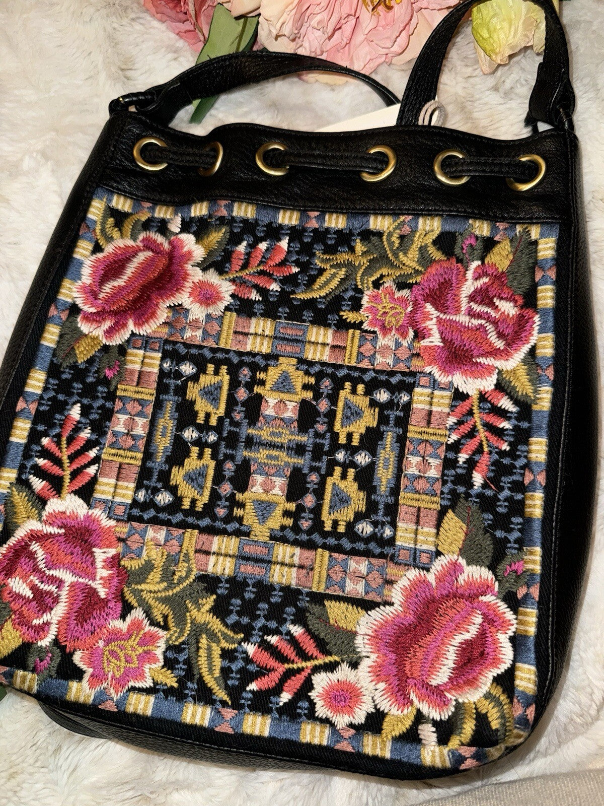 Johnny Was Black Leather Tote Bag Purse Crossbody Hobo Bucket Tassels Johnny Was